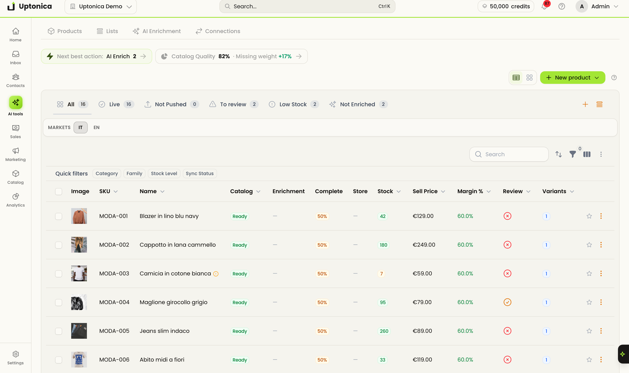 Catalog: product table with prices, AI-indexing status, and per-locale completeness, showing the shared interface